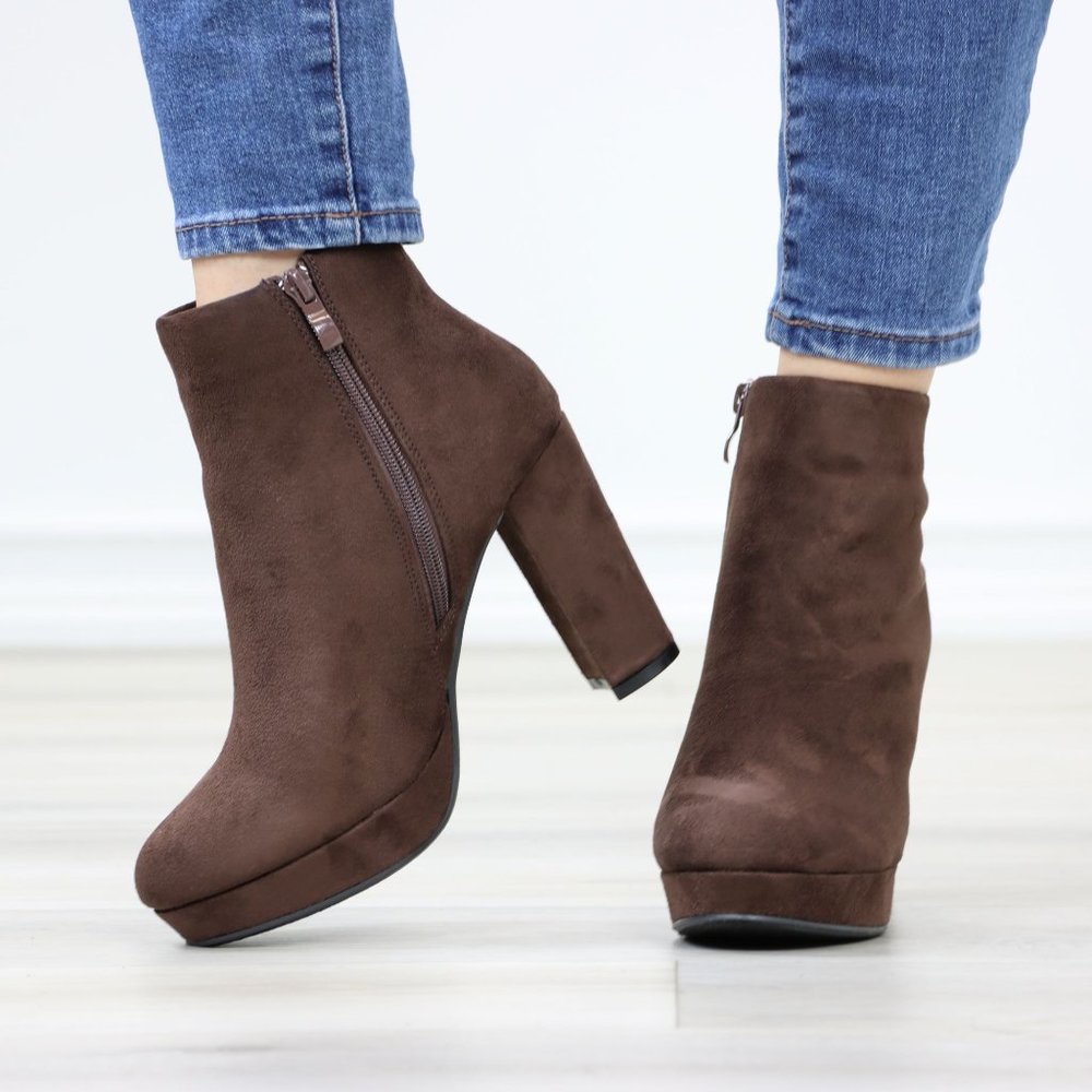 Brown Platform Suede Ankle Booties Block Heeled Boots - Picture 11 of 12